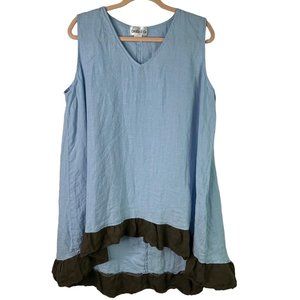 Camille‎ and Co Tunic Top Lagenlook Linen Blue Brown Sleeveless Size L Boho